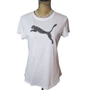 Puma Womens Athletic T-Shirt M White Black Iconic Lg Cat Logo Sportswear SS Top